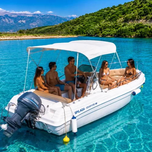 Self-drive boat rental in Ksamil near Tongo Island and Cape Stillo