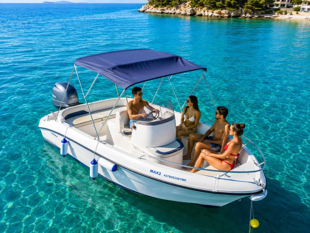 Boat for rent in Ksamil with Yamaha 40 HP engine and comfortable seating for five people