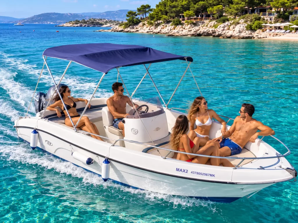Boat hire in Ksamil with 40 HP Yamaha engine for up to 5 people cruising in crystal clear water