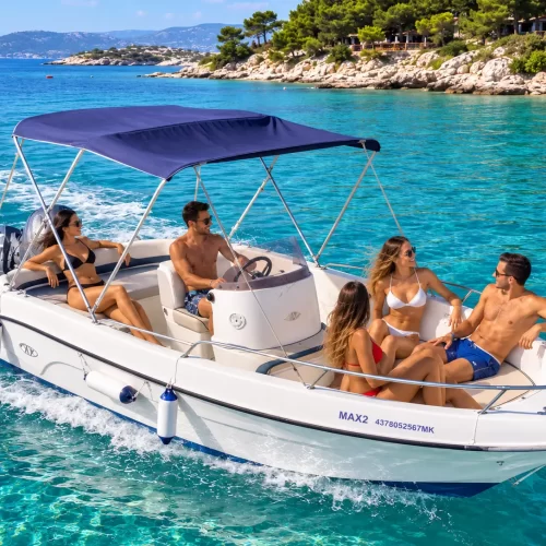 Boat hire in Ksamil with 40 HP Yamaha engine for up to 5 people cruising in crystal clear water
