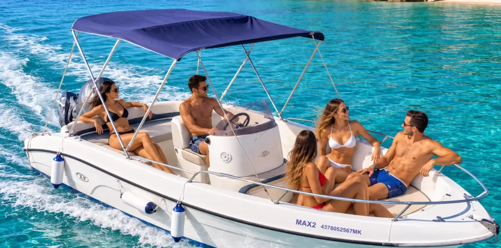 Boat hire in Ksamil with 40 HP Yamaha engine for up to 5 people cruising in crystal clear water