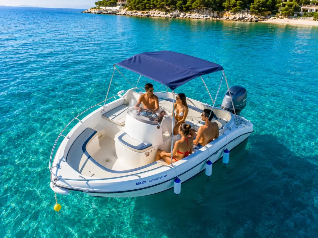 Self drive boat rental in Ksamil with Yamaha 40 HP engine for five people