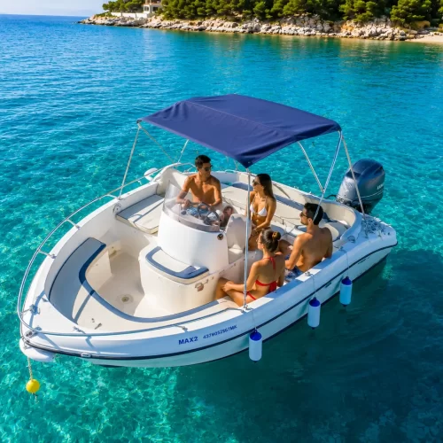 Self drive boat rental in Ksamil with Yamaha 40 HP engine for five people