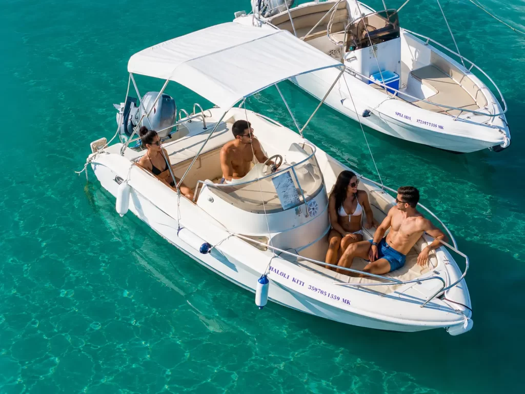 70 HP speedboat rental in Ksamil cruising through turquoise Ionian Sea