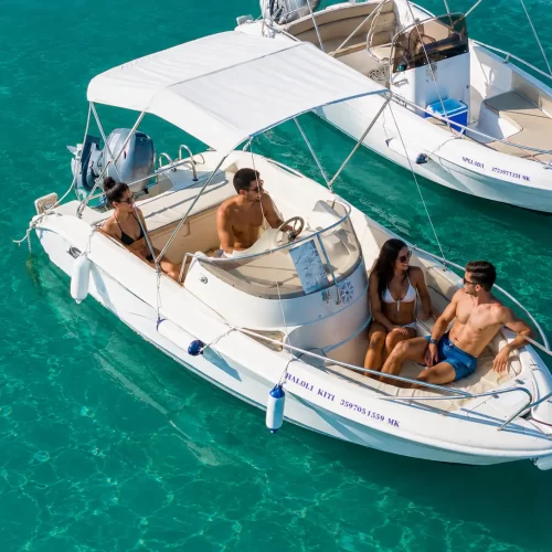 70 HP speedboat rental in Ksamil cruising through turquoise Ionian Sea