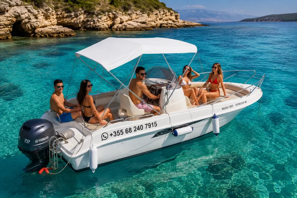 Premium speedboat for rent in Ksamil with sun canopy and crystal clear sea