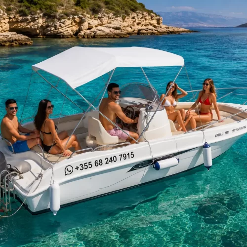 Premium speedboat for rent in Ksamil with sun canopy and crystal clear sea