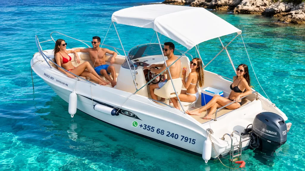 70 HP speedboat rental in Ksamil cruising through turquoise Ionian Sea