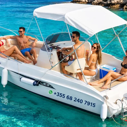70 HP speedboat rental in Ksamil cruising through turquoise Ionian Sea