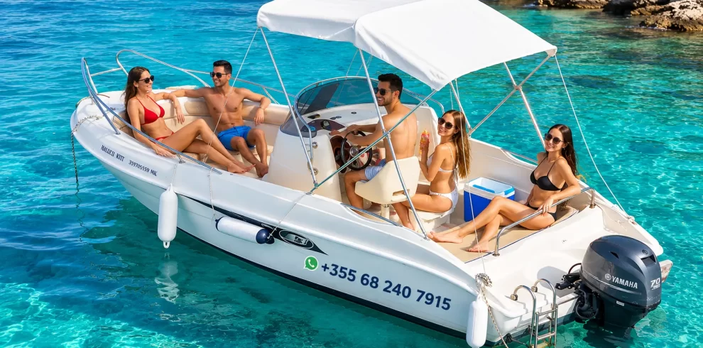 70 HP speedboat rental in Ksamil cruising through turquoise Ionian Sea
