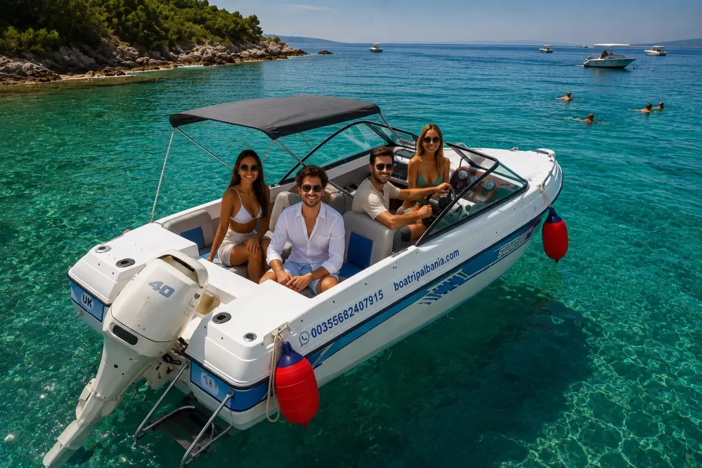 Small self drive boat on a crystal clear beach in Vlore Albania