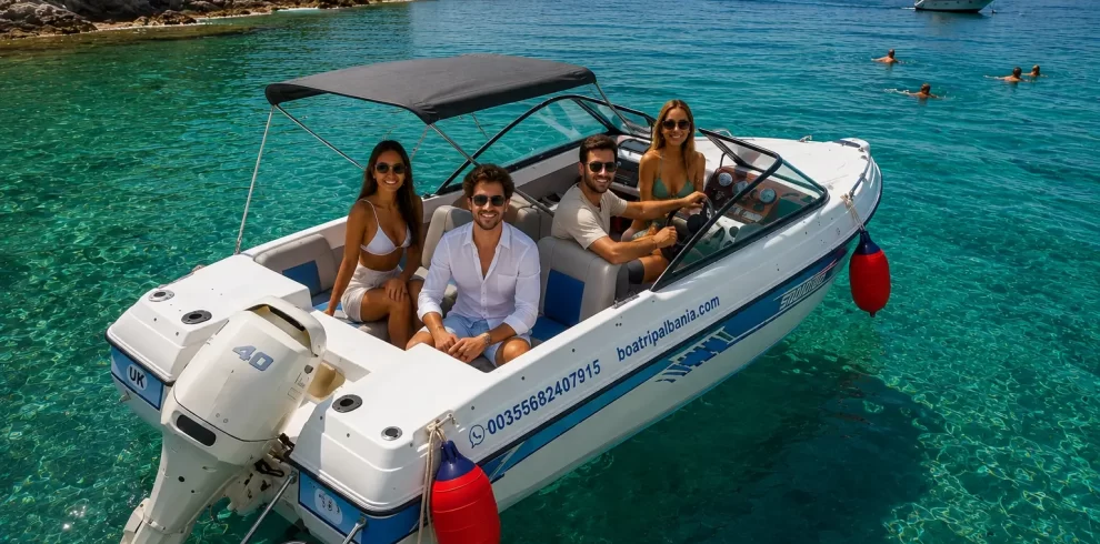 Small self drive boat on a crystal clear beach in Vlore Albania